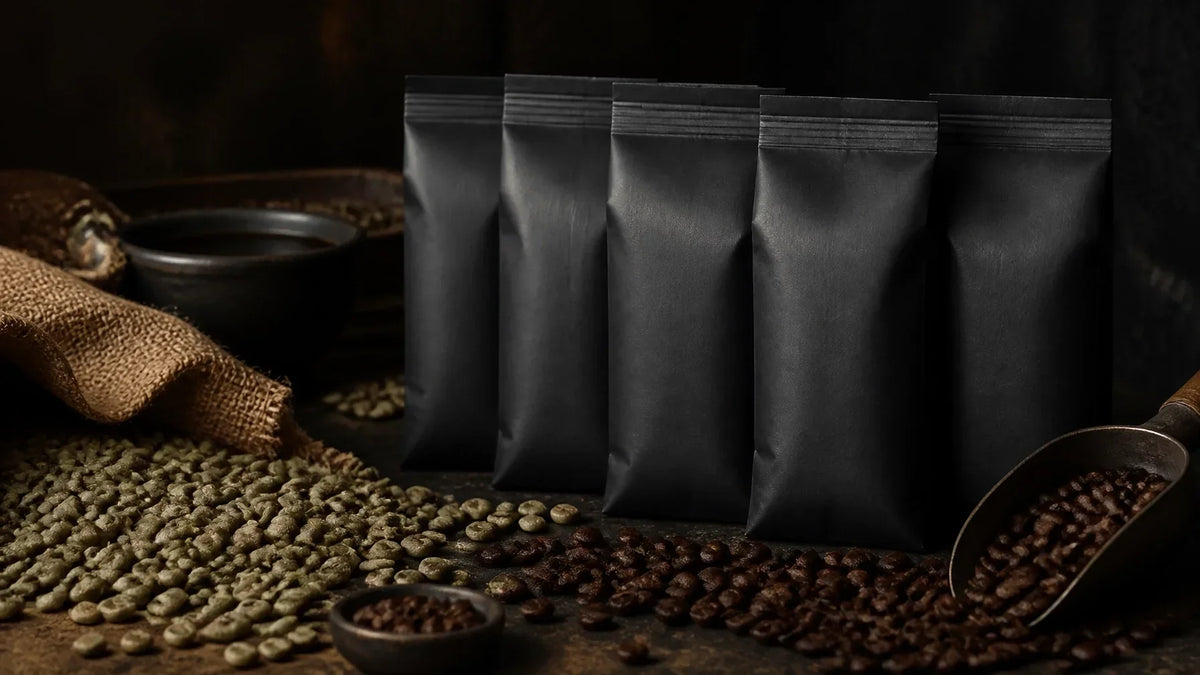 Object-only specialty coffee still life with sample pouches, green beans, and roasted beans on a dark workbench