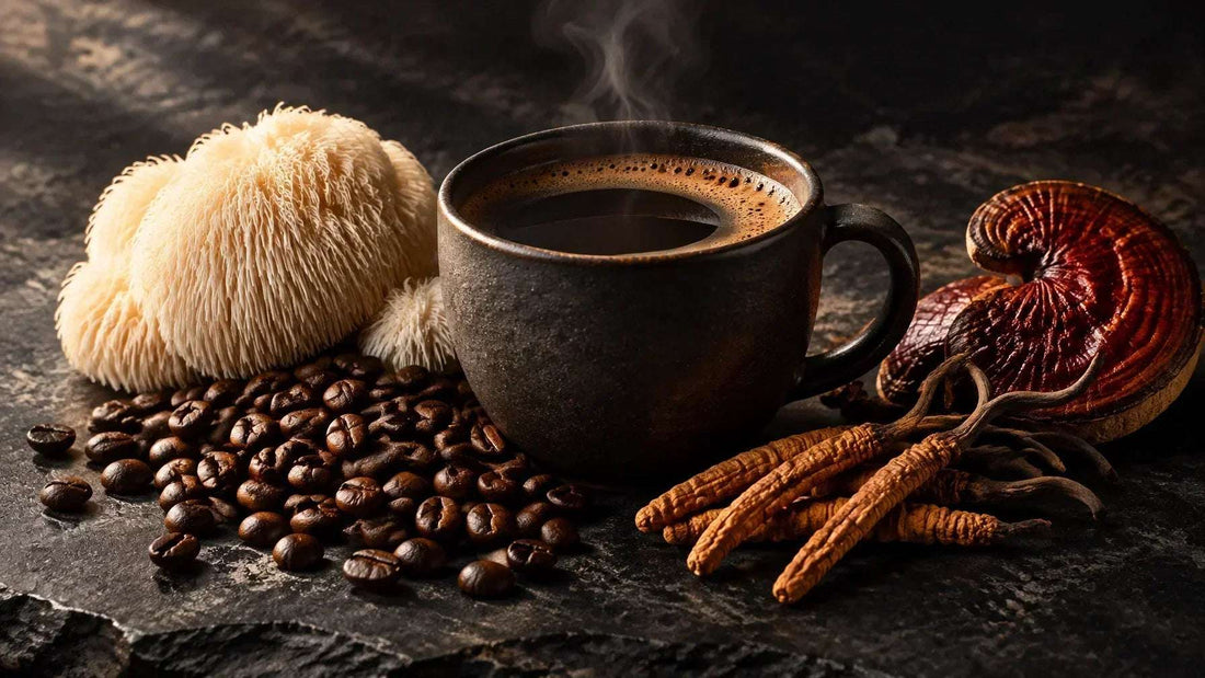 Dark cup of mushroom coffee beside dried mushroom caps and roasted coffee beans