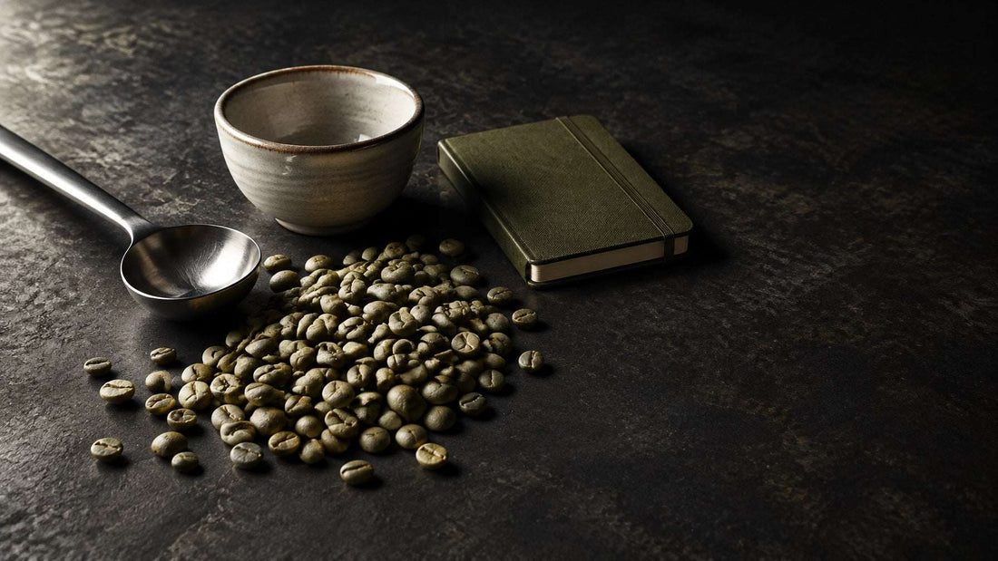 Green unroasted coffee beans beside a cupping spoon and ceramic cupping bowl on a dark industrial surface