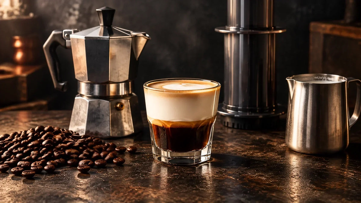 Cortado in a clear glass beside a moka pot and AeroPress on a dark industrial coffee surface