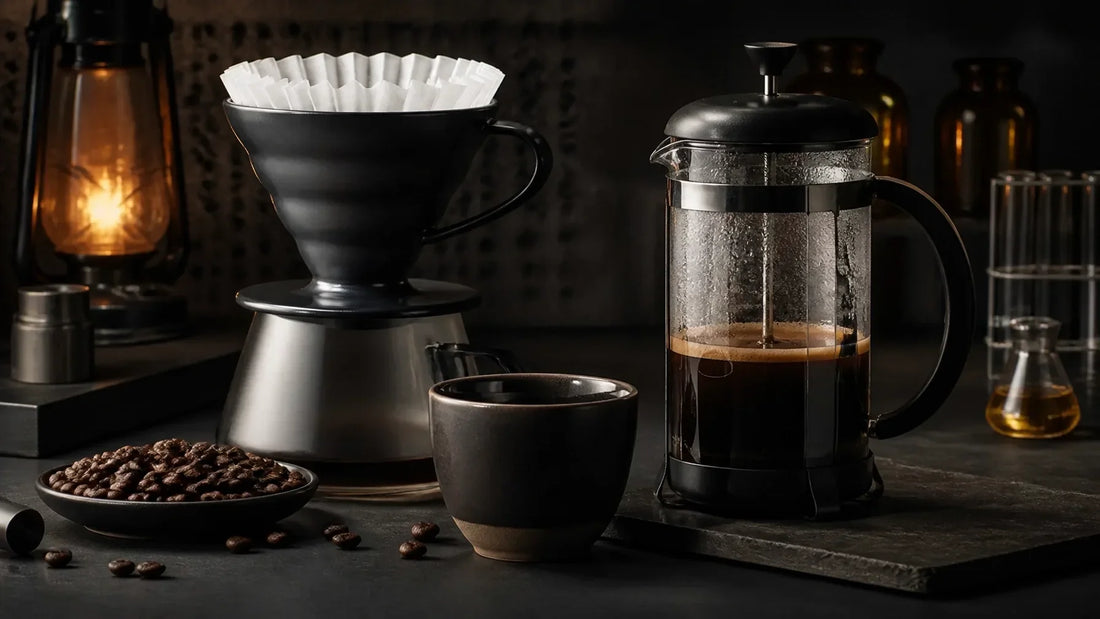 Object-only editorial still life comparing a paper-filtered coffee dripper with a French press on a dark tactical workbench