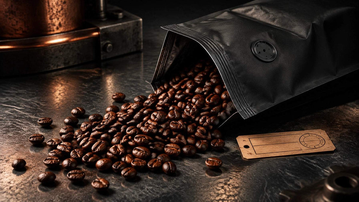 Whole roasted coffee beans spilling from a matte black valve bag onto a dark industrial workbench beside a roast-date label c