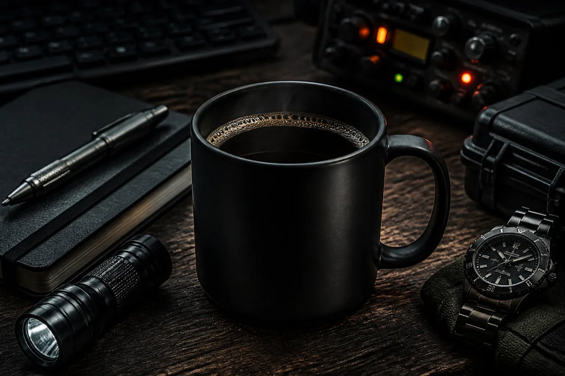 Tactical dark roast coffee mug on a rugged wooden desk — Grenade Coffee performance fuel