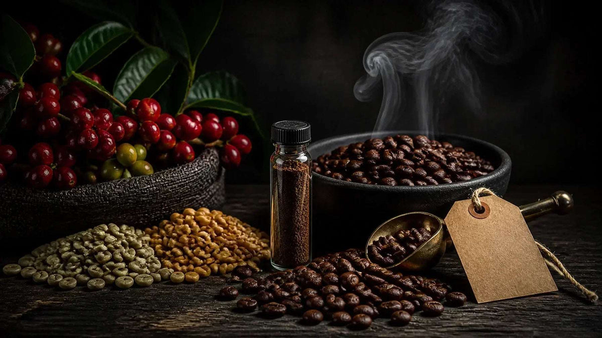 Farm-to-cup coffee still life with cherries, green beans, roasted beans, and a laboratory sample