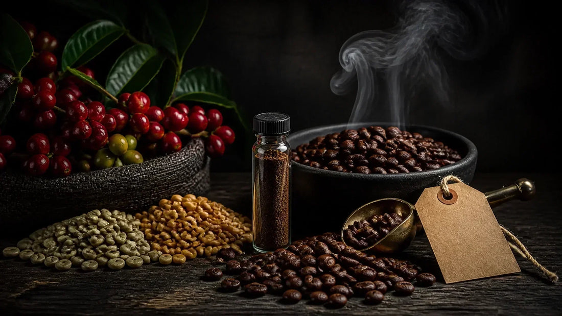 Farm-to-cup coffee still life with cherries, green beans, roasted beans, and a laboratory sample
