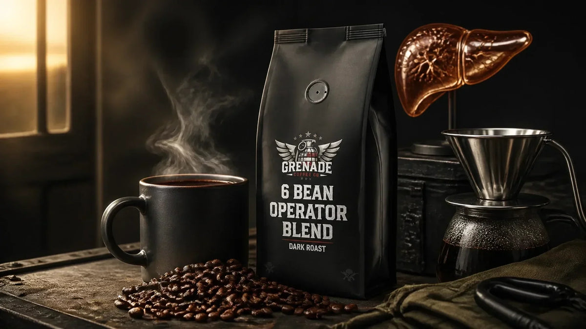 Grenade Coffee 6 Bean Operator Blend beside a dark coffee mug, roasted beans, pour-over gear, and an amber liver sculpture on
