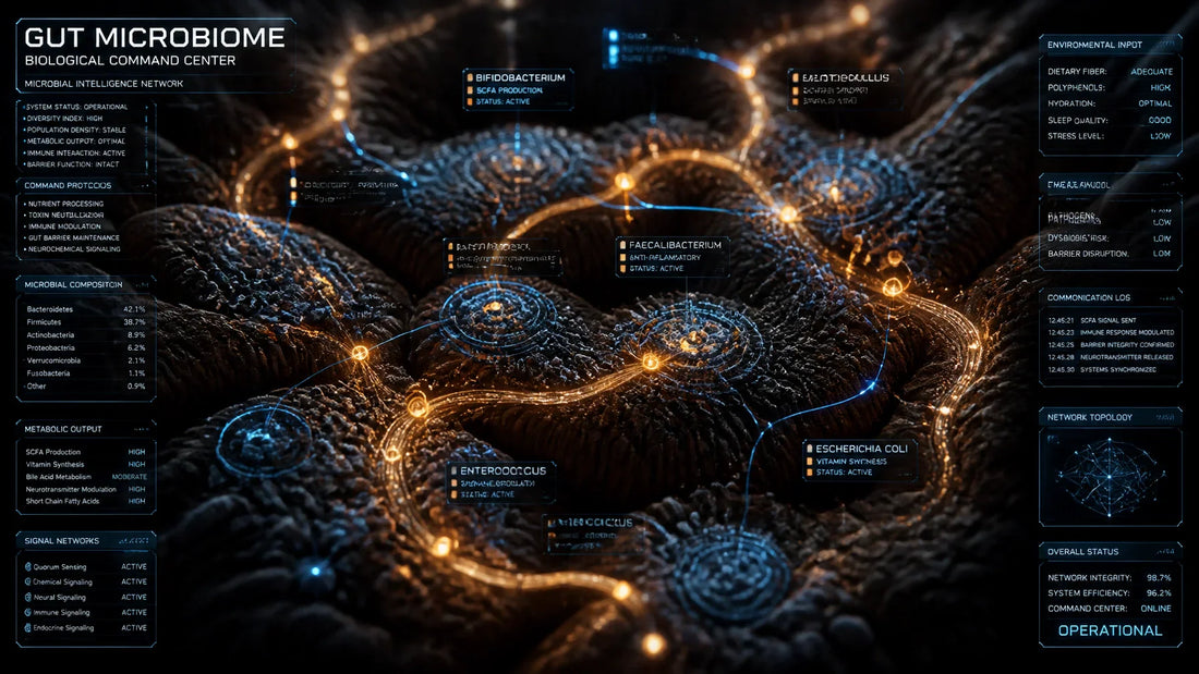 Tactical visualization of the gut-brain axis showing how Grenade Coffee polyphenols fuel Cryptobacterium and Eggerthella for maximum caffeine ROI