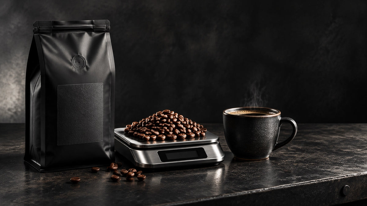Matte black coffee bag, kitchen scale with whole beans, and coffee cup on a dark industrial workbench