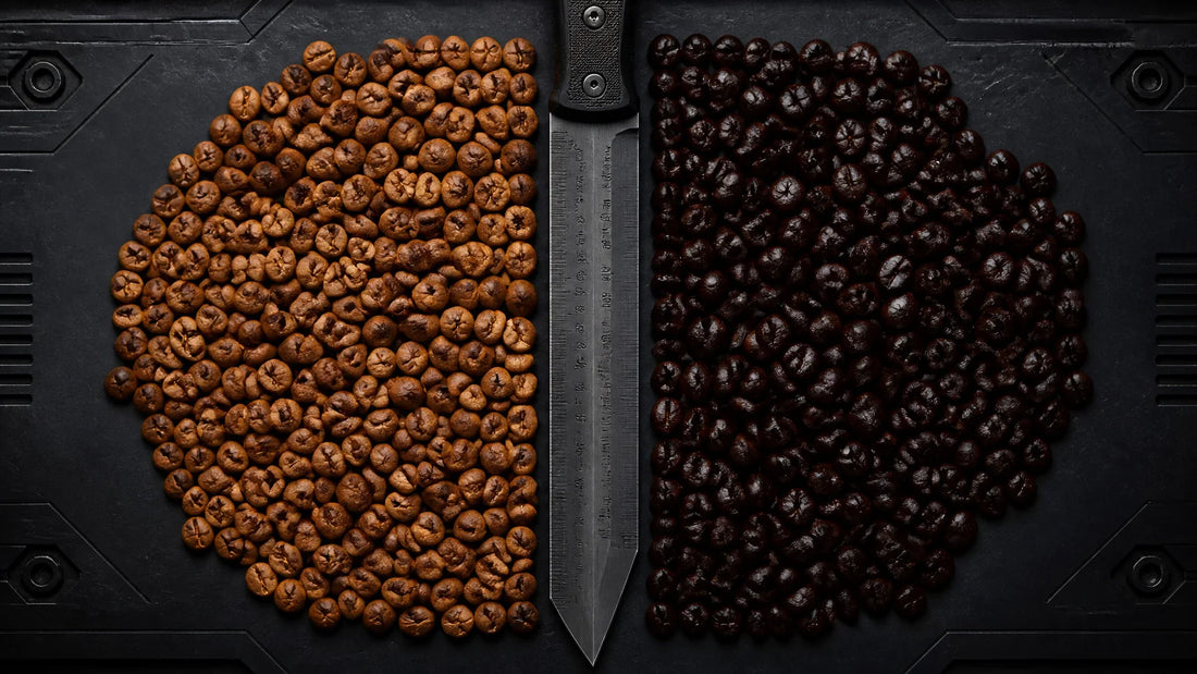 Light vs dark roast coffee beans side by side — roast profile comparison by Grenade Coffee