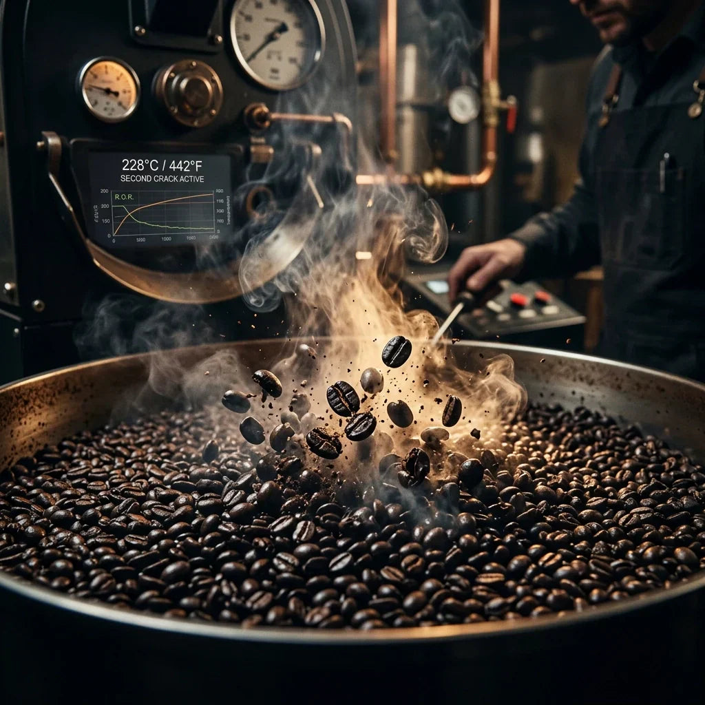 Precision dark roast coffee beans at the second crack phase — Grenade Coffee