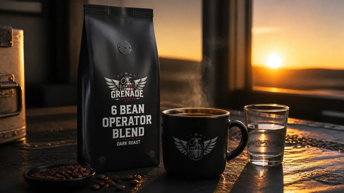 First-light coffee beside a glass of water and Grenade Coffee 6 Bean Operator Blend on a dark workbench