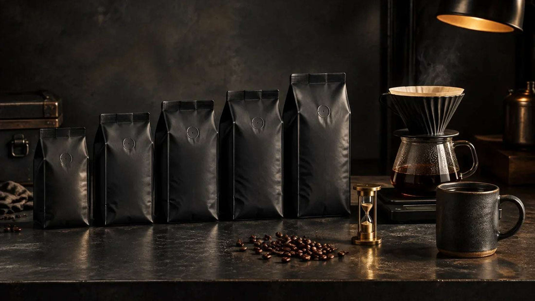 Five matte-black coffee bags of different ages arranged beside a pour-over brewing setup on a dark industrial workbench