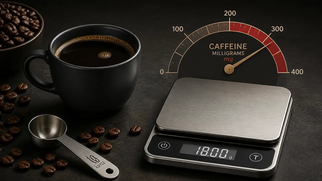 Matte black coffee cup beside a stainless scale and caffeine dose gauge