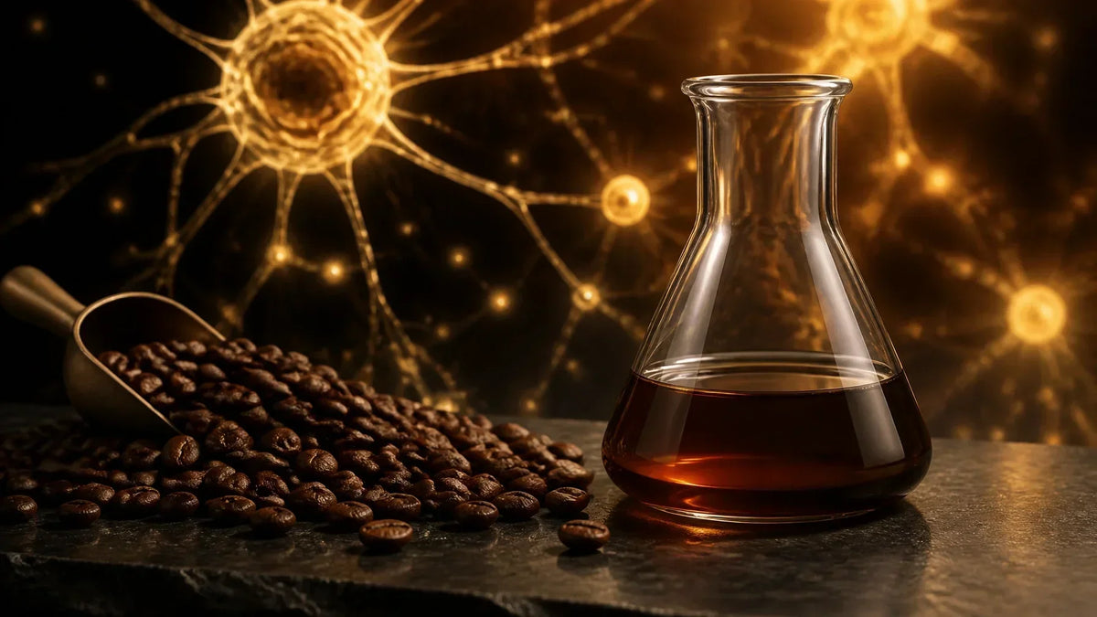 Freshly roasted coffee beans beside a transparent scientific glass vessel with a subtle luminous cellular network suggesting 