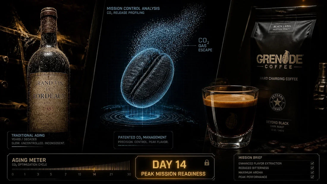 Freshly roasted coffee beans resting on a dark surface — Grenade Coffee Co. espresso aging guide