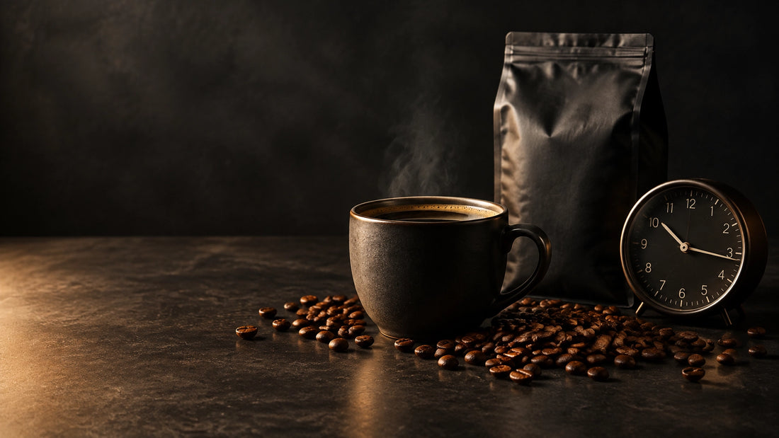 Dark coffee cup beside an analog clock, decaf coffee bag, and whole beans on a dark industrial surface