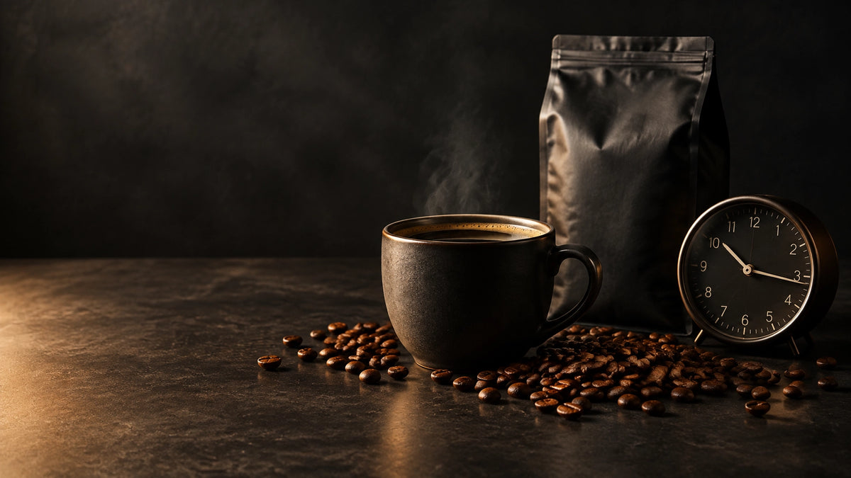 Dark coffee cup beside an analog clock, decaf coffee bag, and whole beans on a dark industrial surface