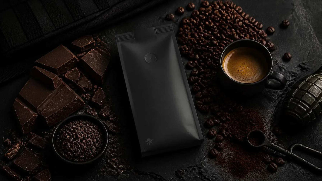 Rich dark roast specialty coffee beans and brewed espresso with deep chocolate tones — Grenade Coffee