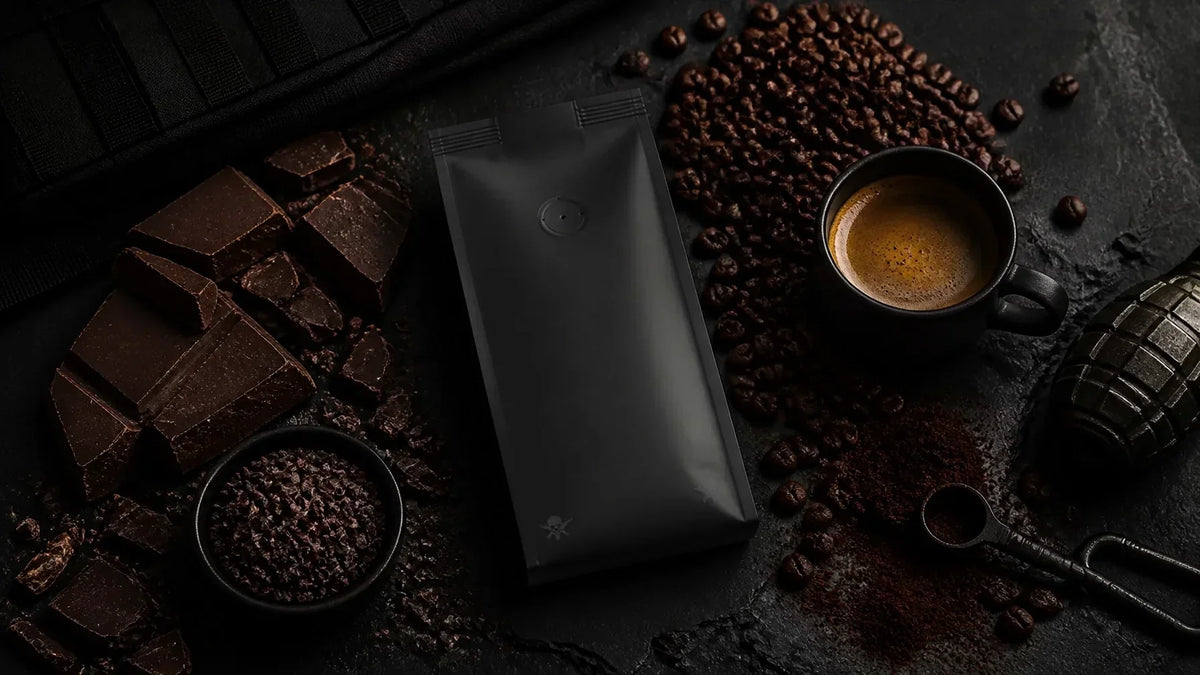 Rich dark roast specialty coffee beans and brewed espresso with deep chocolate tones — Grenade Coffee