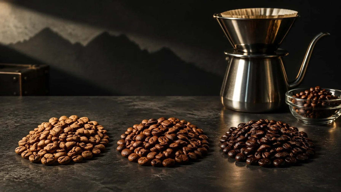 Whole roasted Arabica coffee beans beside a stainless steel brewing vessel on a dark industrial surface, with mountain-like s
