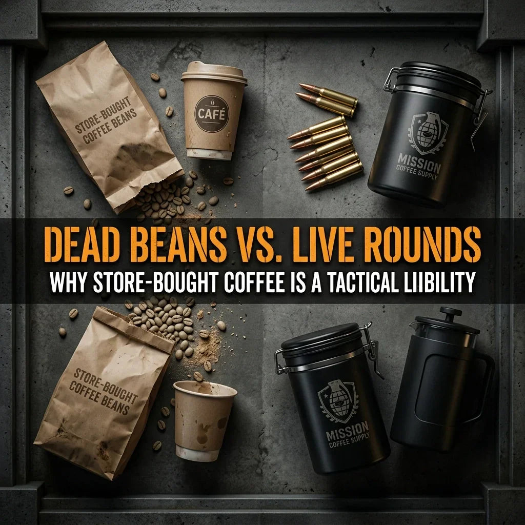 Fresh roasted whole bean coffee next to a burr grinder — Grenade Coffee tactical briefing on coffee freshness and performance.