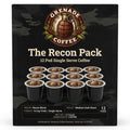 The Recon Pack 12-pod single serve coffee assortment with Breakfast Blend, Mexico, and Bali varieties in oxygen-sealed pods
