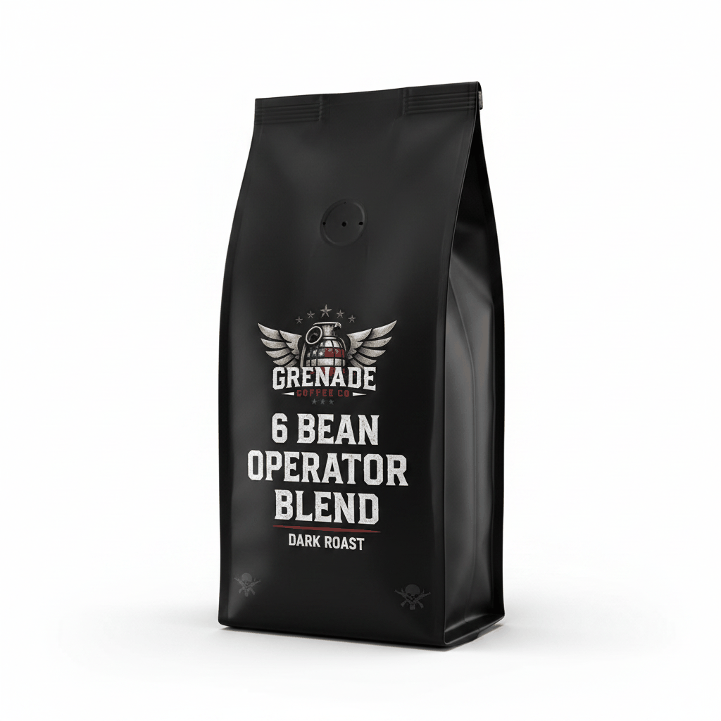Grenade Coffee 6 Bean Operator Blend dark roast whole-bean bag with coffee beans and dark chocolate tasting notes