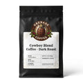 Cowboy Blend coarse ground coffee bag with outdoor brewing setup for rugged, filter-free coffee lovers
