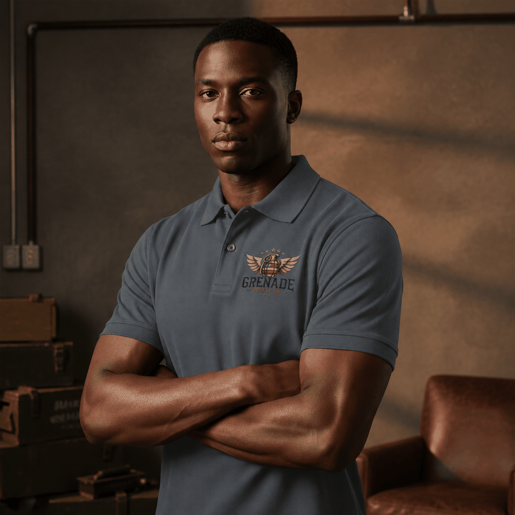 Men's premium polo shirt by Grenade Coffee with embroidered logo, double-stitched seams, flat knit collar, metal buttons, and side vents