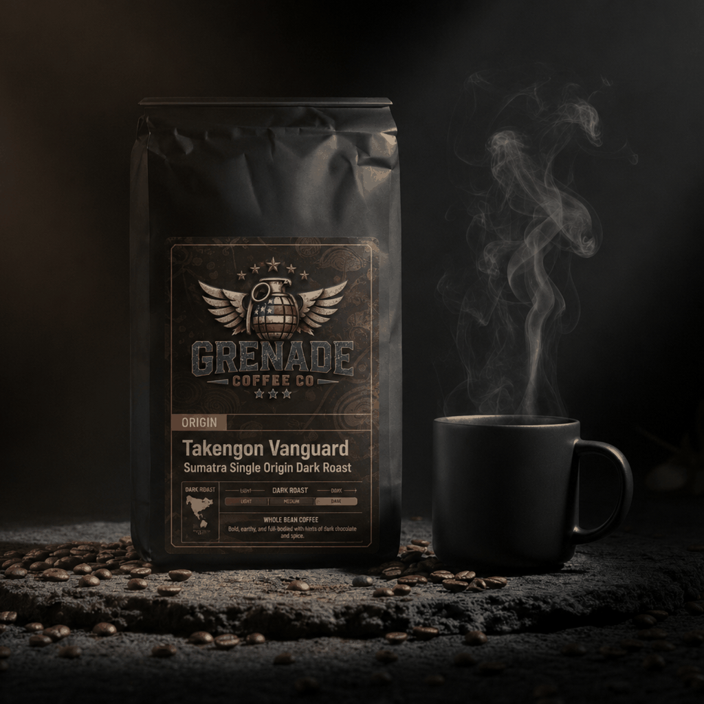 Takengon Vanguard Sumatra single origin dark roast coffee bag with bold flavor profile