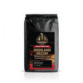 Highland Recon whiskey barrel aged Guatemalan coffee bag with oak barrels background