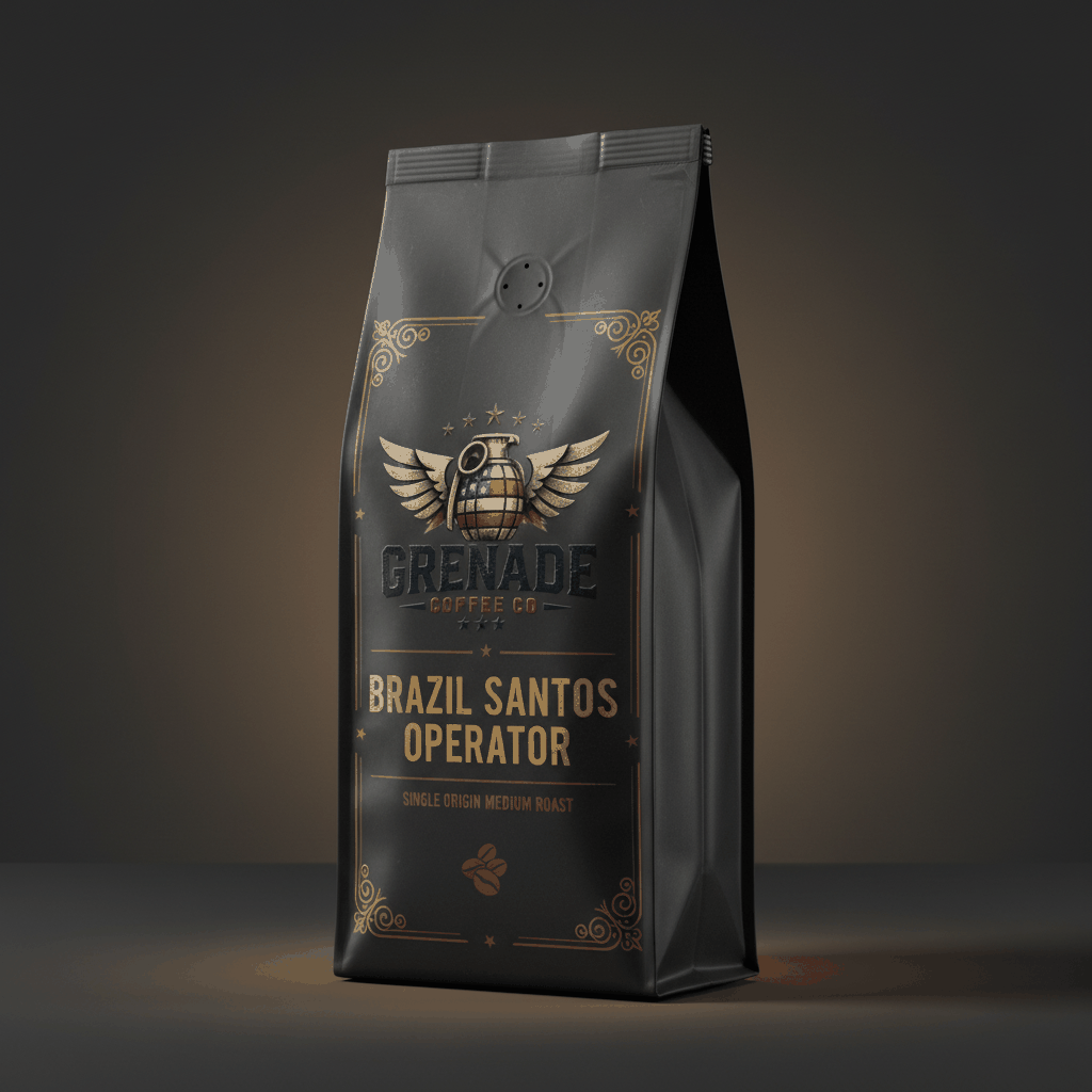 Bag of Brazil Santos single origin medium roast coffee with chocolate and caramel notes