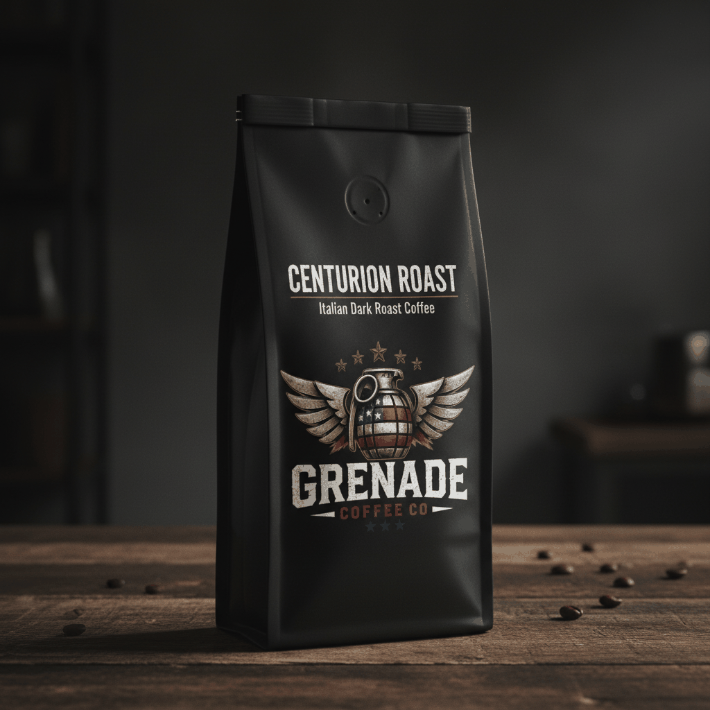 Bag of Centurion Italian dark roast coffee with dark chocolate and smoky notes