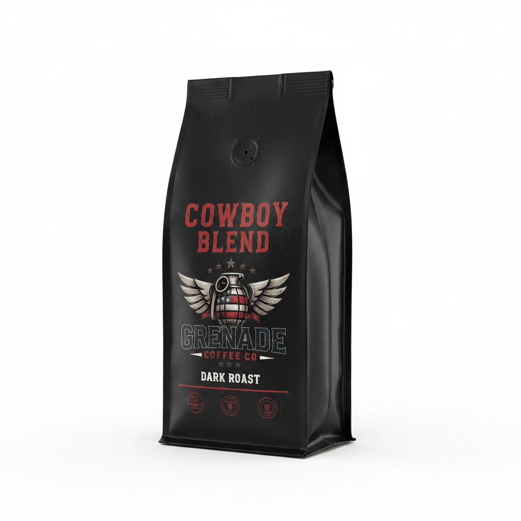Cowboy Blend bold smoky dark roast coffee bag with veteran support label