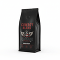 Cowboy Blend bold smoky dark roast coffee bag with veteran support label