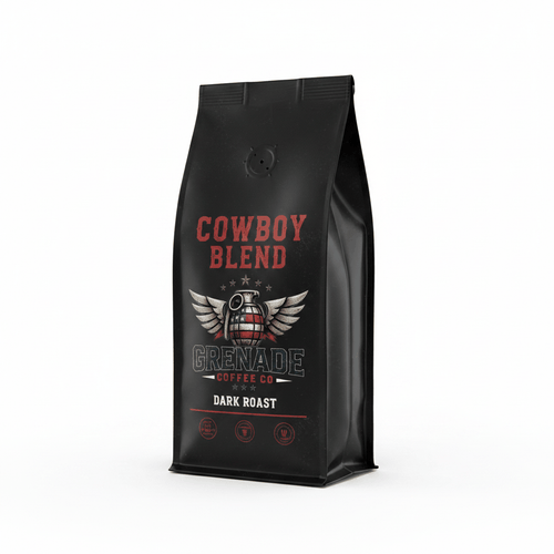 Cowboy Blend bold smoky dark roast coffee bag with veteran support label