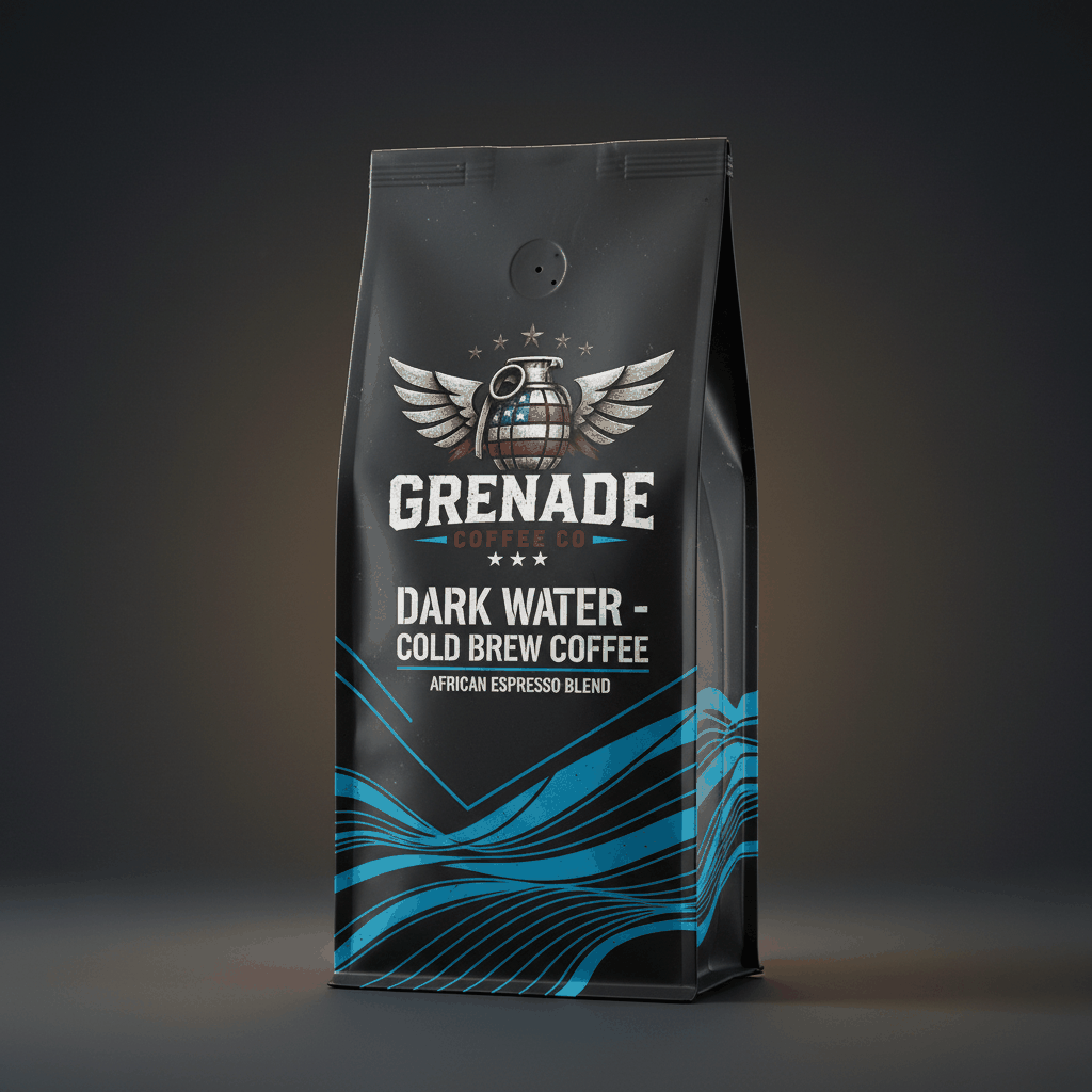 Bag of Dark Water African espresso blend cold brew coffee with dark chocolate and smoky notes, small-batch roasted 100% Arabica beans