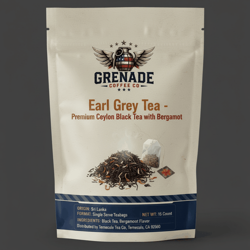 Premium Earl Grey tea pouch with loose Ceylon black tea and blue cornflowers