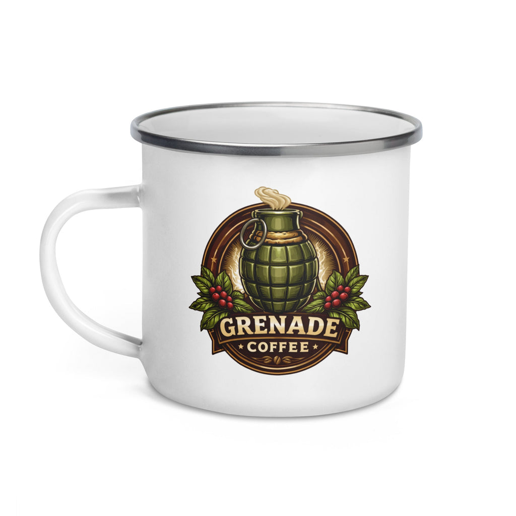 White enamel mug with silver rim, lightweight and durable for camping and hiking use
