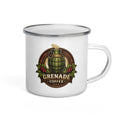 White enamel mug with silver rim, lightweight and durable for camping and outdoor use