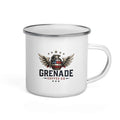 White enamel mug with silver rim for camping and hiking use