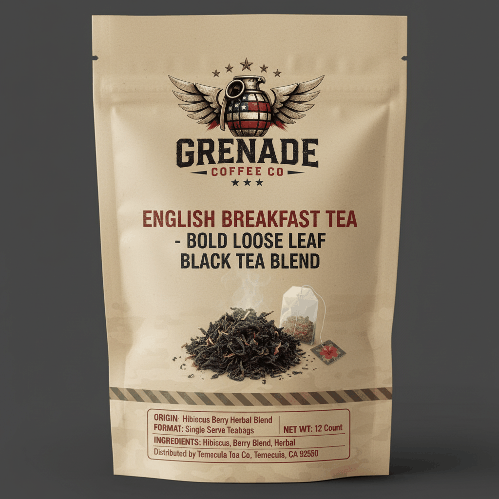 Bold loose leaf English Breakfast Tea blend by Grenade Coffee with African and Indian black teas in a resealable pouch