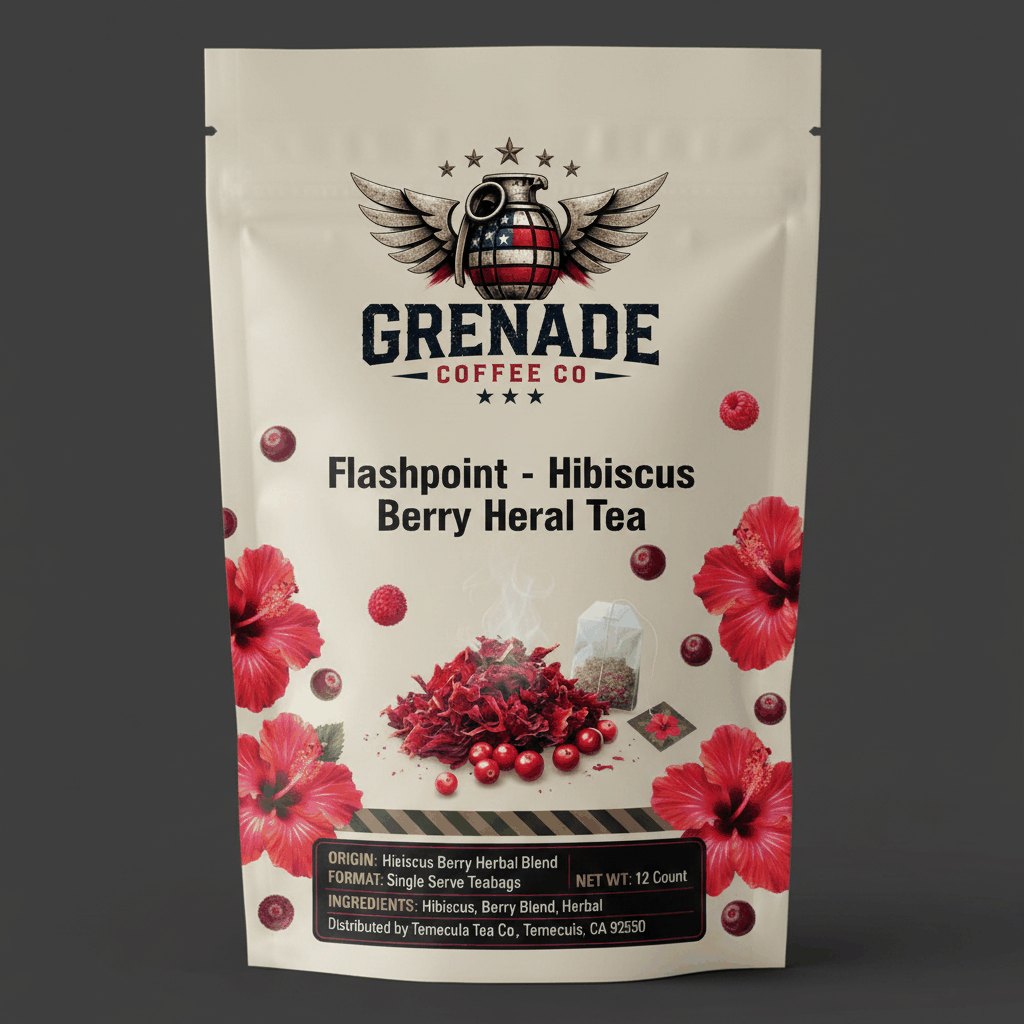 Organic hibiscus berry tea blend package with hibiscus, rosehips, orange peel, rooibos, and tropical fruits
