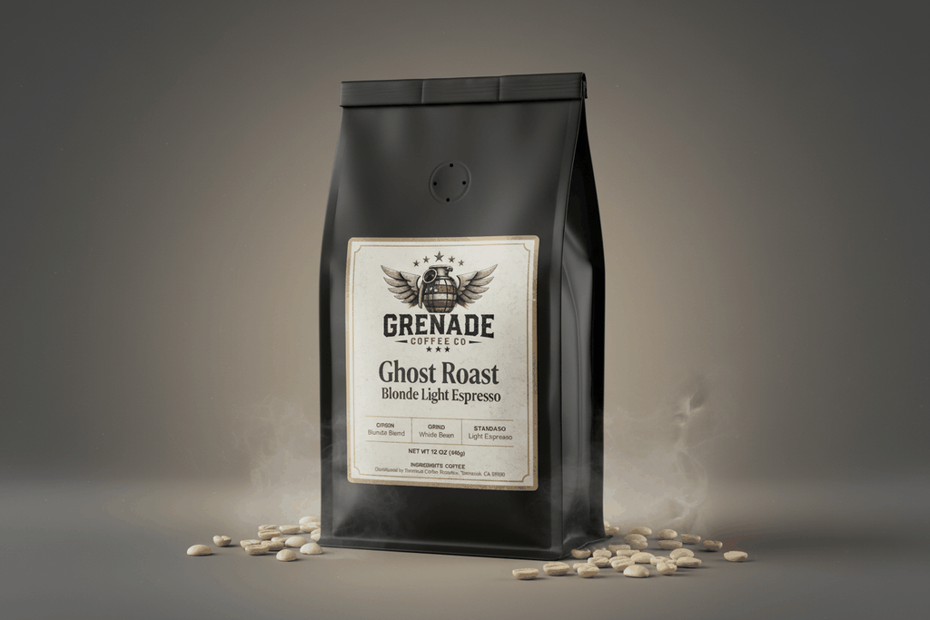 Bag of Ghost Roast Blonde Light Espresso coffee with bright citrus and stone fruit notes, small-batch roasted sweet blend