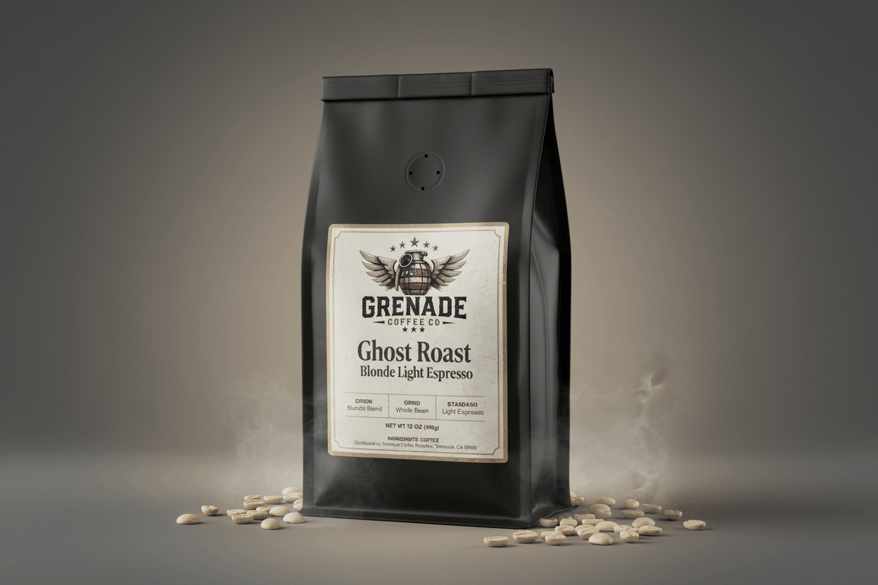 Bag of Ghost Roast Blonde Light Espresso coffee with bright citrus and stone fruit notes, small-batch roasted sweet blend