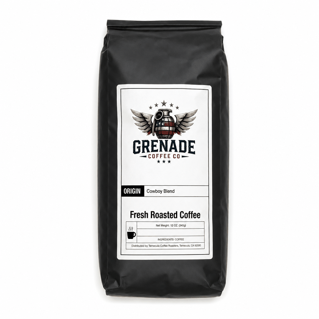 Cowboy Blend dark roast coffee bag with bold, smoky flavor and full body