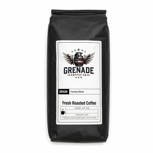 Cowboy Blend dark roast coffee bag with bold, smoky flavor and full body