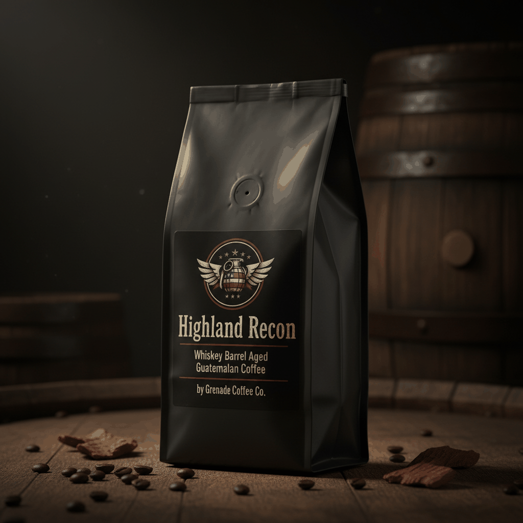 Highland Recon Whiskey Barrel Aged Guatemalan coffee bag with oak, vanilla, dark chocolate tasting notes