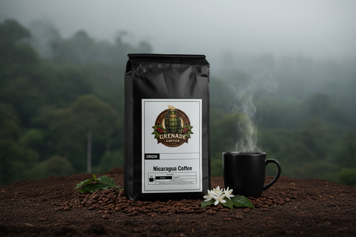 Grenade Coffee Matagalpa Ghost Nicaragua single origin medium roast bag on clay earth with Matagalpa cloud forest mist background
