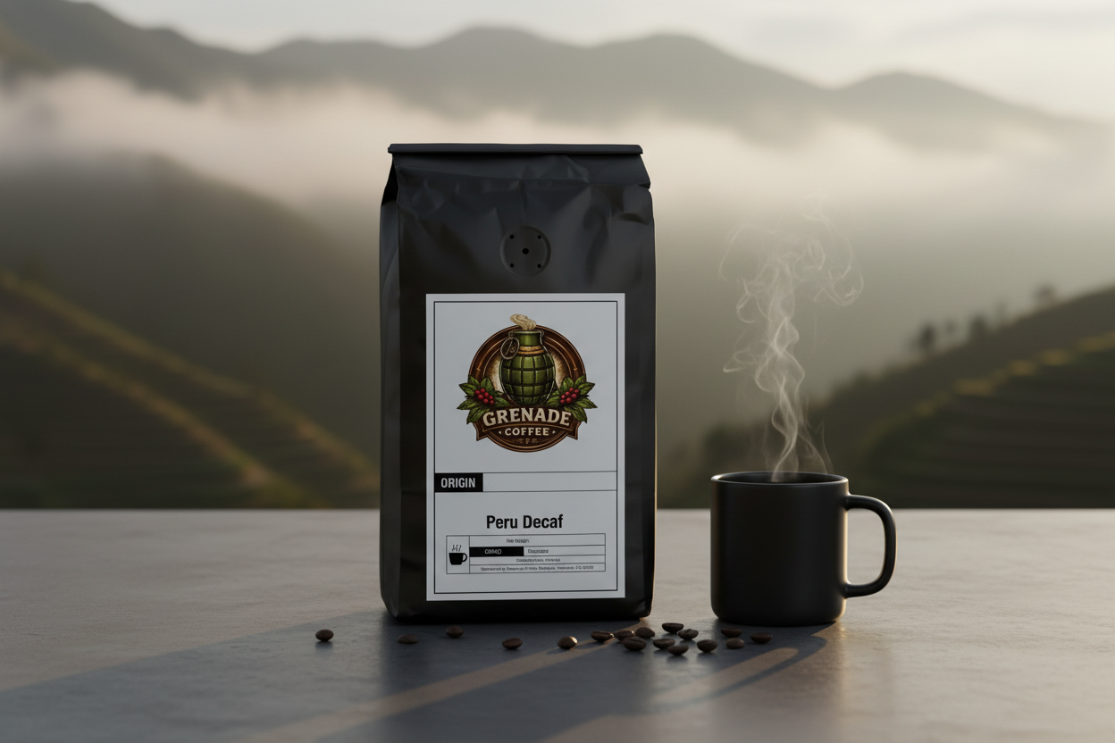 Grenade Coffee Norandino Nightwatch Peru decaf Swiss Water Process bag with warm Andes golden hour background